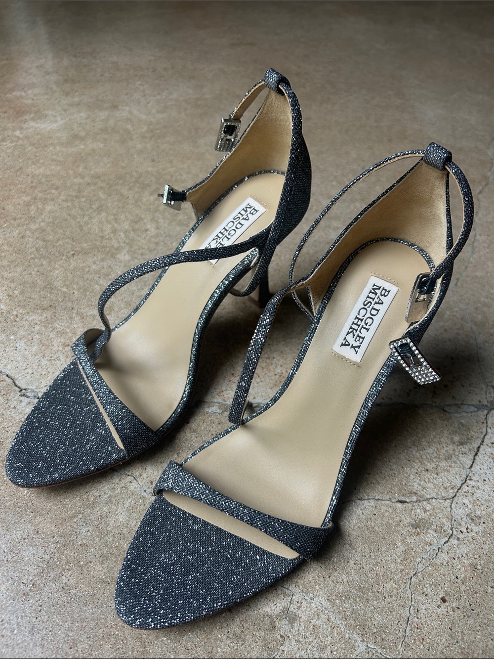 Badgley Mischka Pewter Glitter Strappy High Heel Sandals